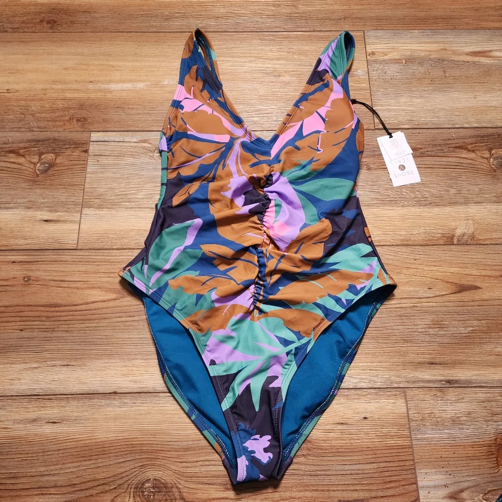Shade & Shore One-Piece Swimsuit Womens XS Floral Plunge NEW